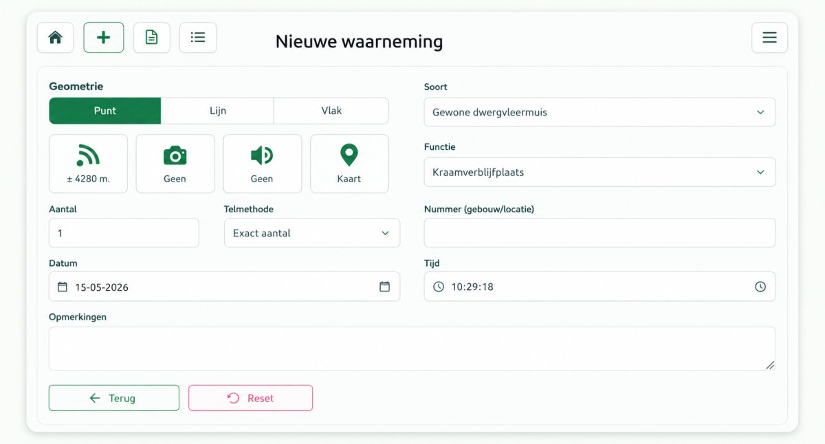 Voorbeeld van een Rosa Verde-invoerscherm: nieuwe waarneming met geometrie, soort, telmethode, datum en tijd.